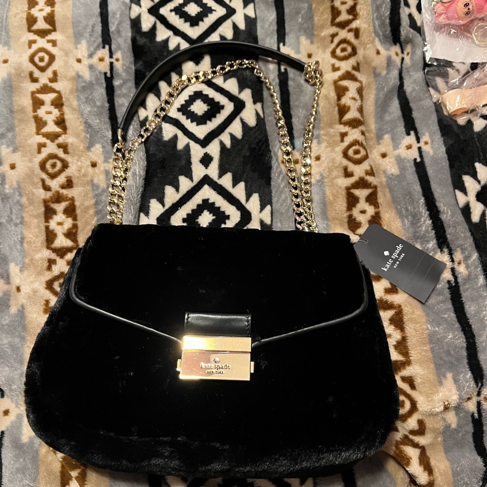 Kate Spade NWT Caray Faux Black Fur Shoulder Crossbody Bag